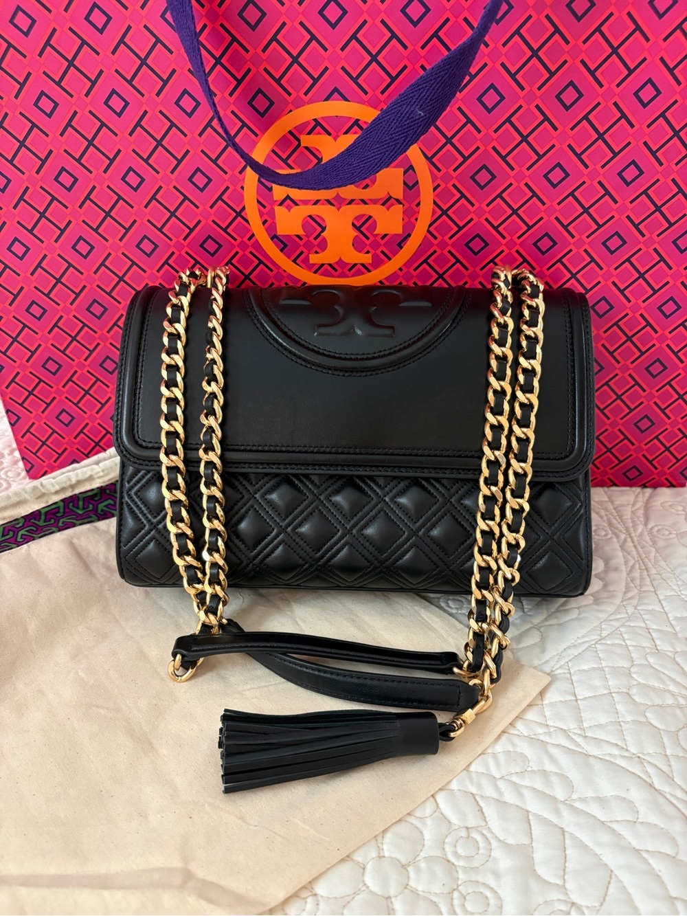 Tory Burch Large Fleming Black Quilted Leather Shoulder Bag with Gold Chain